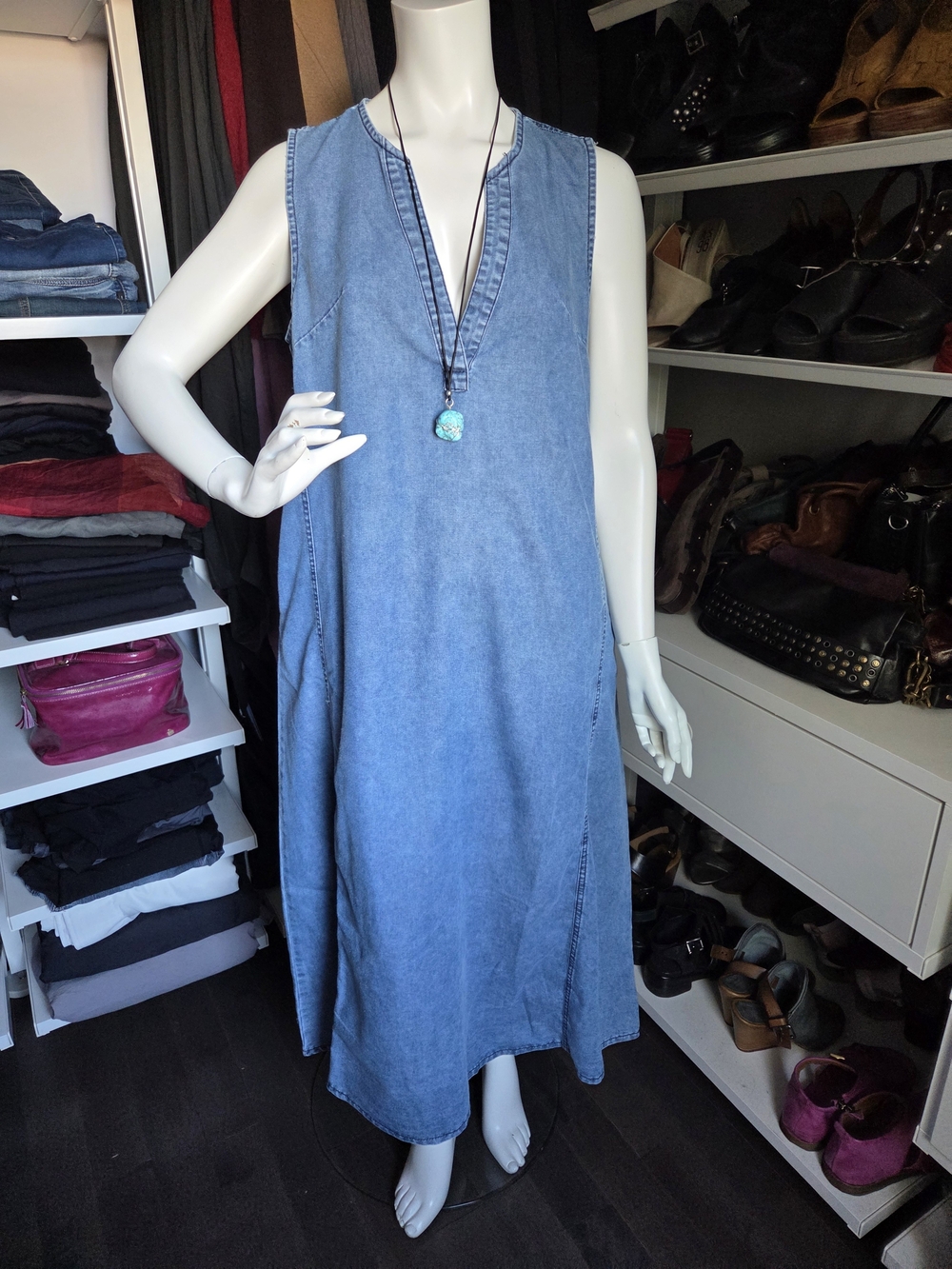 Sleeveless Midi Denim Dress in Light Blue